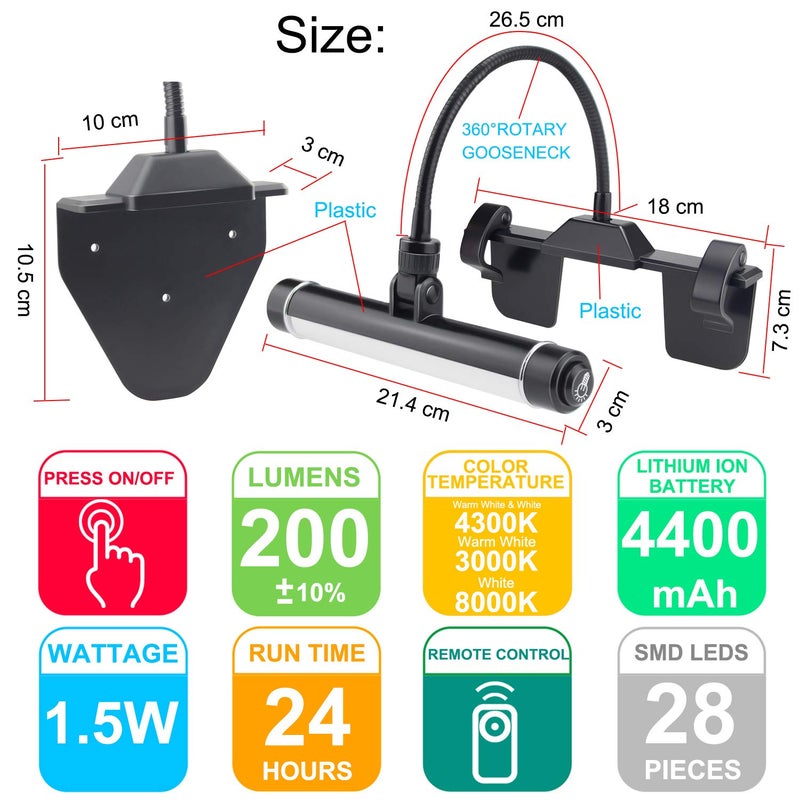 HONWELL Painting Lights Cordless, Dartboard Light with Remote, Rechargeable Picture Light, Picture Frame Lights with 3 Modes 28 LEDs Rotate Head, 360Â° Flexible Neck,Clip on Display Light for Art-Black - Image 4
